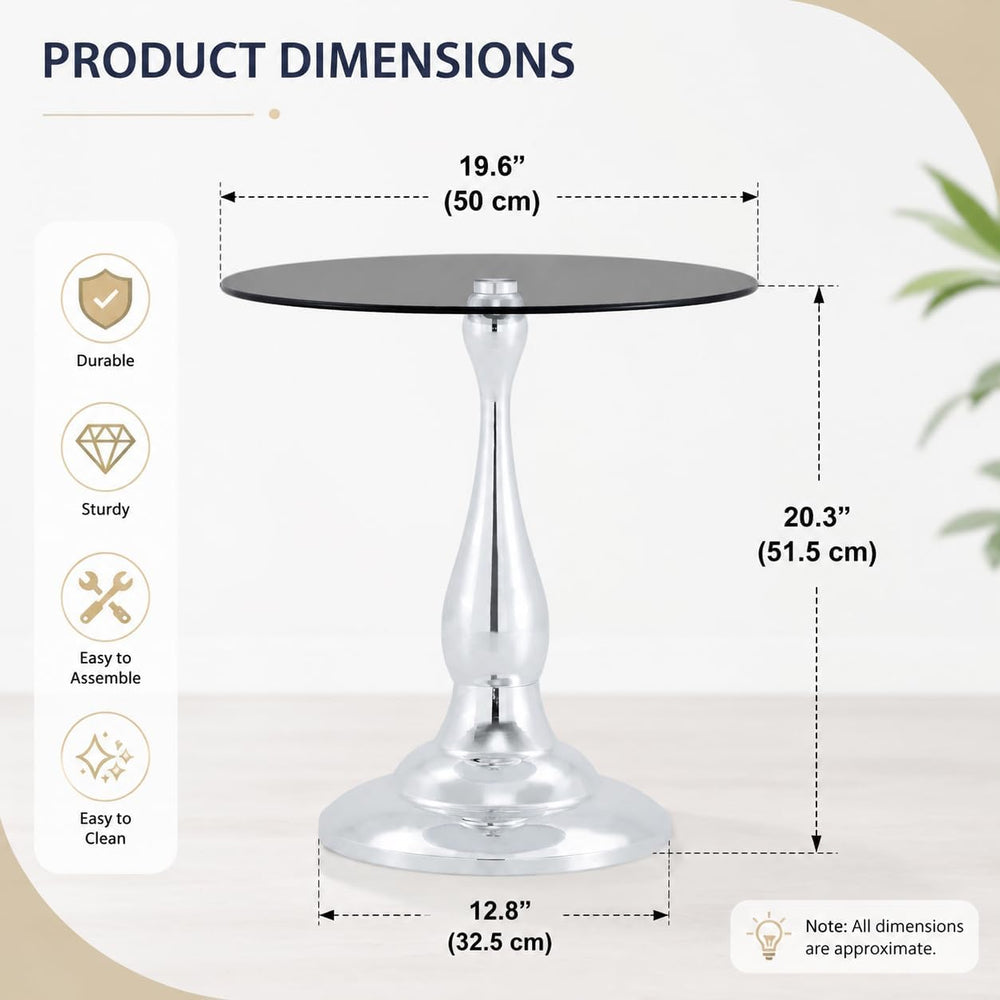Round Glass Side Table with Silver Metal Base, 19.6'' Gray Tempered G...