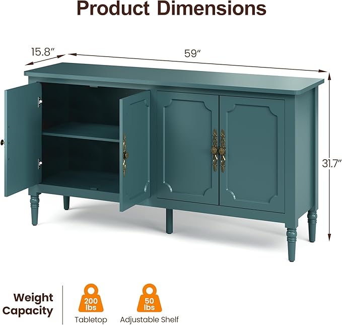 RoyalCraft 59" Buffet Cabinet with Storage, Vintage Sideboard with Adjustable Shelves & Carved Handle, Mid Century Modern Painted Credenza Coffee Bar for Kitchen, Dining Room, Turquoise Blue