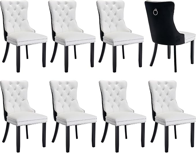 Modern Dining Chairs Set of 8, Tufted Upholstered Dining Chair with Solid Wood Legs, Velvet and Leather Dining Chairs, Sillas de Comedor, Comfy Kitchen Chair (White+Black, 8Pcs)