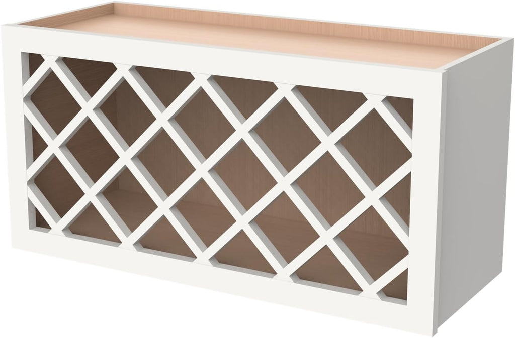 Origami Solid Wood RTA Wine Bottle Rack Wall Cabinet with Lattice Panels - Wine Storage for Bar, Pantry, Cellar & Basement - Mocha (30"W 12"D 15"H)