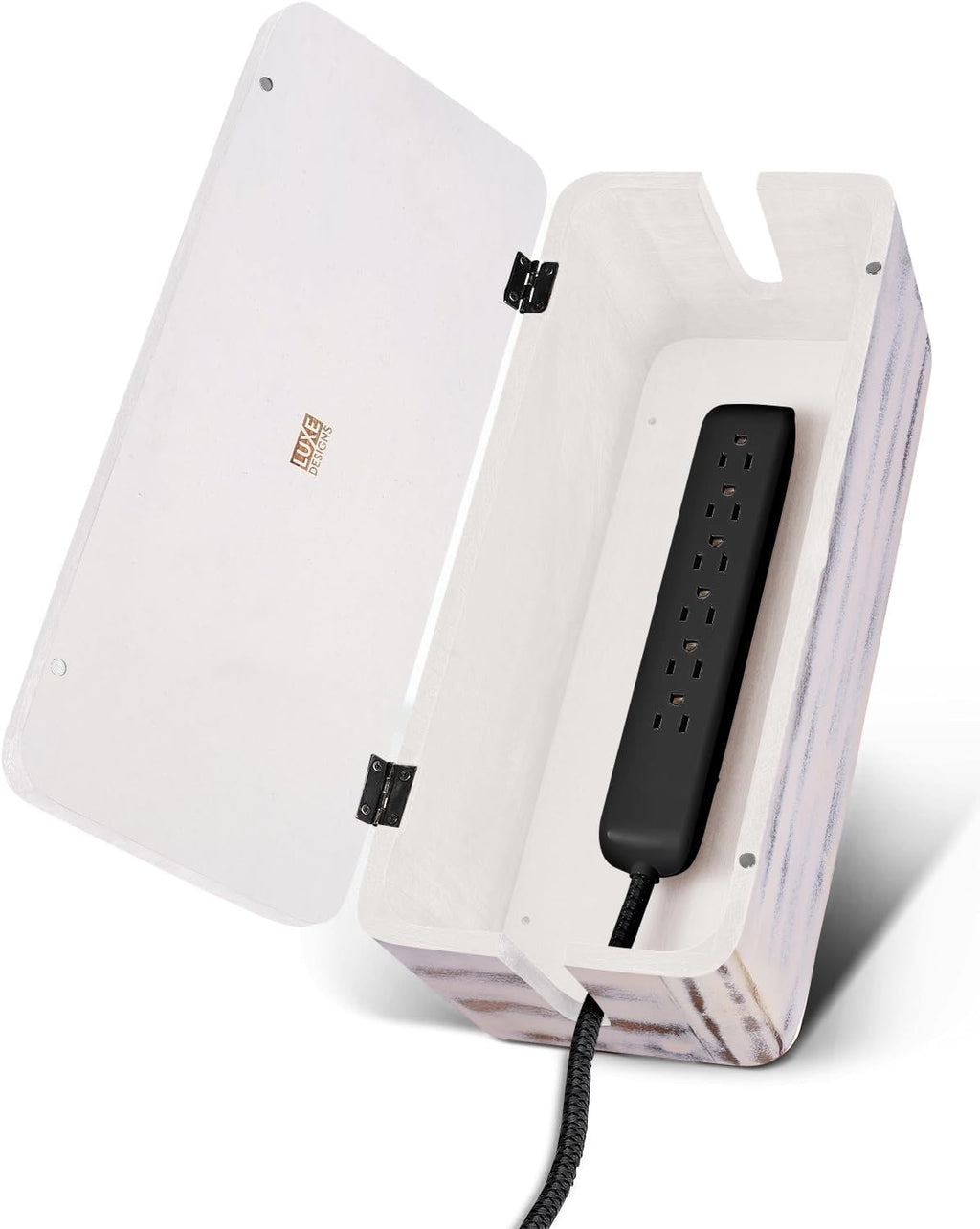 Rustic Cable Management Box & Cord Organizer- Cable Organizer for Desk, Home, Office. Hides Wires, Surge Protectors, Power Strips. Eco Friendly Mango Wood Cord Management Solution (Rustic White)