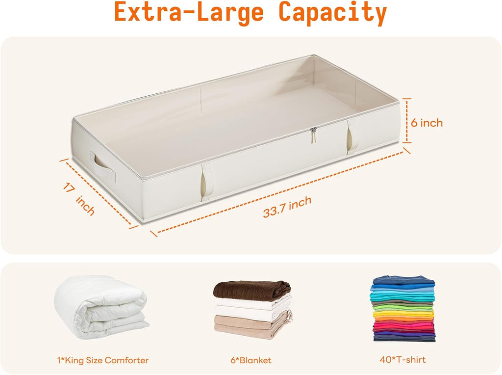 Vailando Storage Containers, 6 Inches Tall 60L Underbed Storage Bins with Sturdy Handles and Sidewalls, Closet Organizer for Clothes, Blankets, Seasonal Items, Beige, 2-Pack