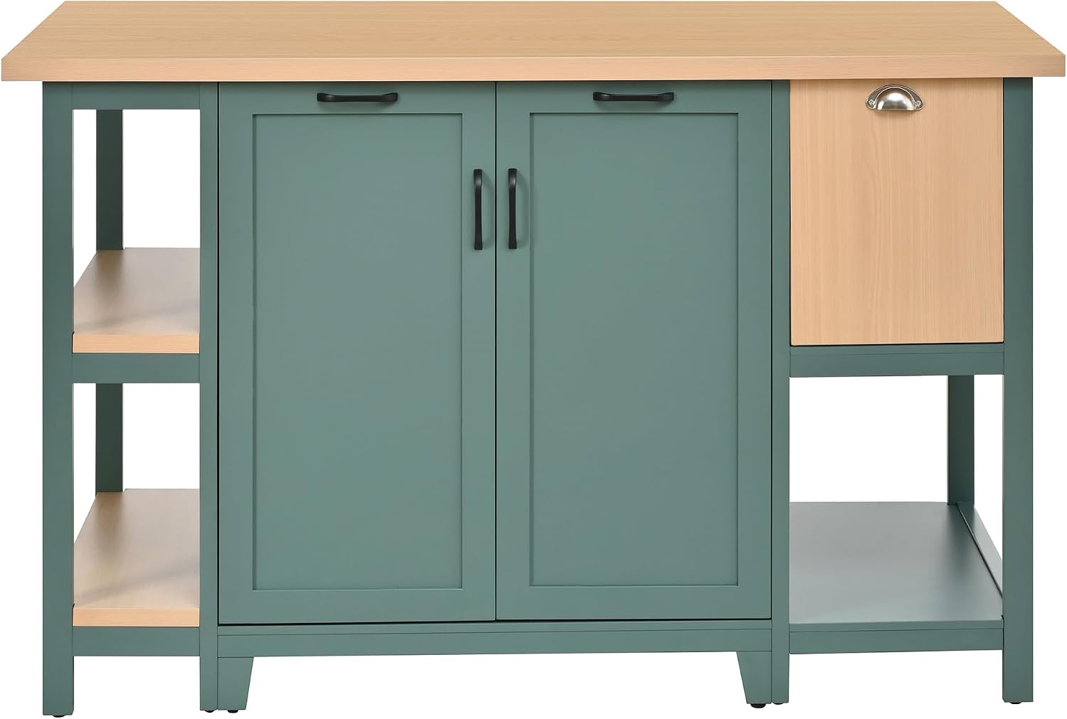 Christopher Knight Home Aaron 58" Kitchen Island with Storage, Modern Island Table for Kitchen, Storage Cabinet with Open Shelves, Wooden Kitchen Prep Table, Coffee Station Cabinet, Green+Natural