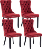 Velvet Dining Chairs Set of 4, Upholstered Dining Room Chairs with Back Ring Pull Trim and Solid Wood Legs,Tufted Wingback Kitchen Chairs for Dining Room,Kitchen(Wine Red)