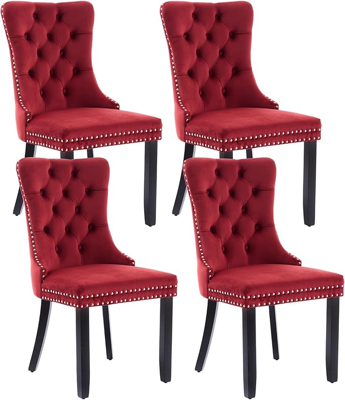 Velvet Dining Chairs Set of 4, Upholstered Dining Room Chairs with Back Ring Pull Trim and Solid Wood Legs,Tufted Wingback Kitchen Chairs for Dining Room,Kitchen(Wine Red)