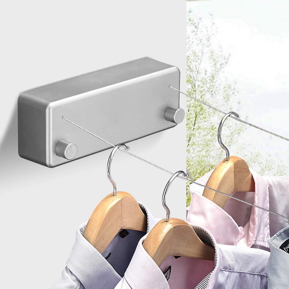 BESy Retractable Clothesline ABS case+Aluminum Dryer with Adjustable Stainless Steel Double Rope String Hotel Style Heavy Duty,Wall Mounted Method, 13.8 Feets,Silver