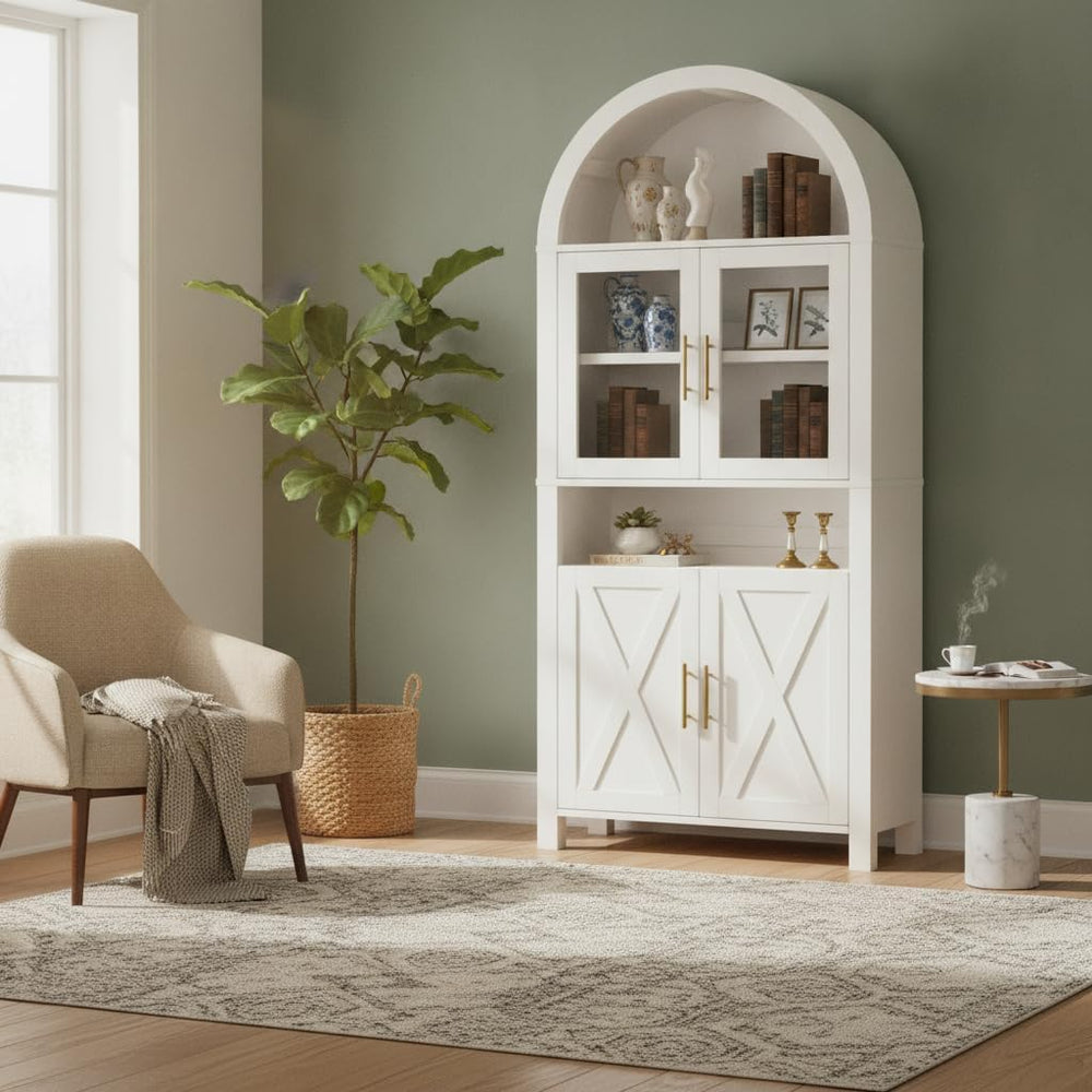 GDFStudio 71" Tall Arched Cabinet with Glass Door & Barn Door Design...