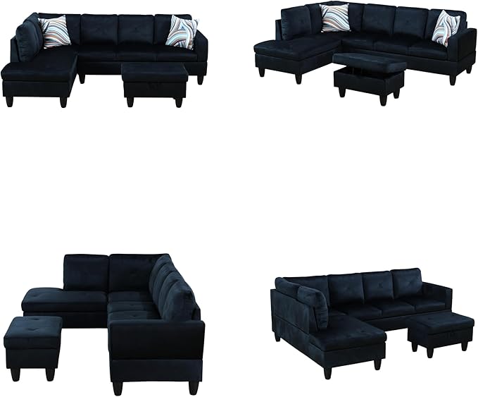 Sectional Couches for Living Room with Movable Chaise & Storage Ottoman - 97.5" Velvet L Shaped Couches for Living Room Apartment, 4 Seat Home Furniture Modular Sectional Sofas, Black Blue