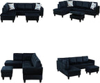 Sectional Couches for Living Room with Movable Chaise & Storage Ottoman - 97.5" Velvet L Shaped Couches for Living Room Apartment, 4 Seat Home Furniture Modular Sectional Sofas, Black Blue