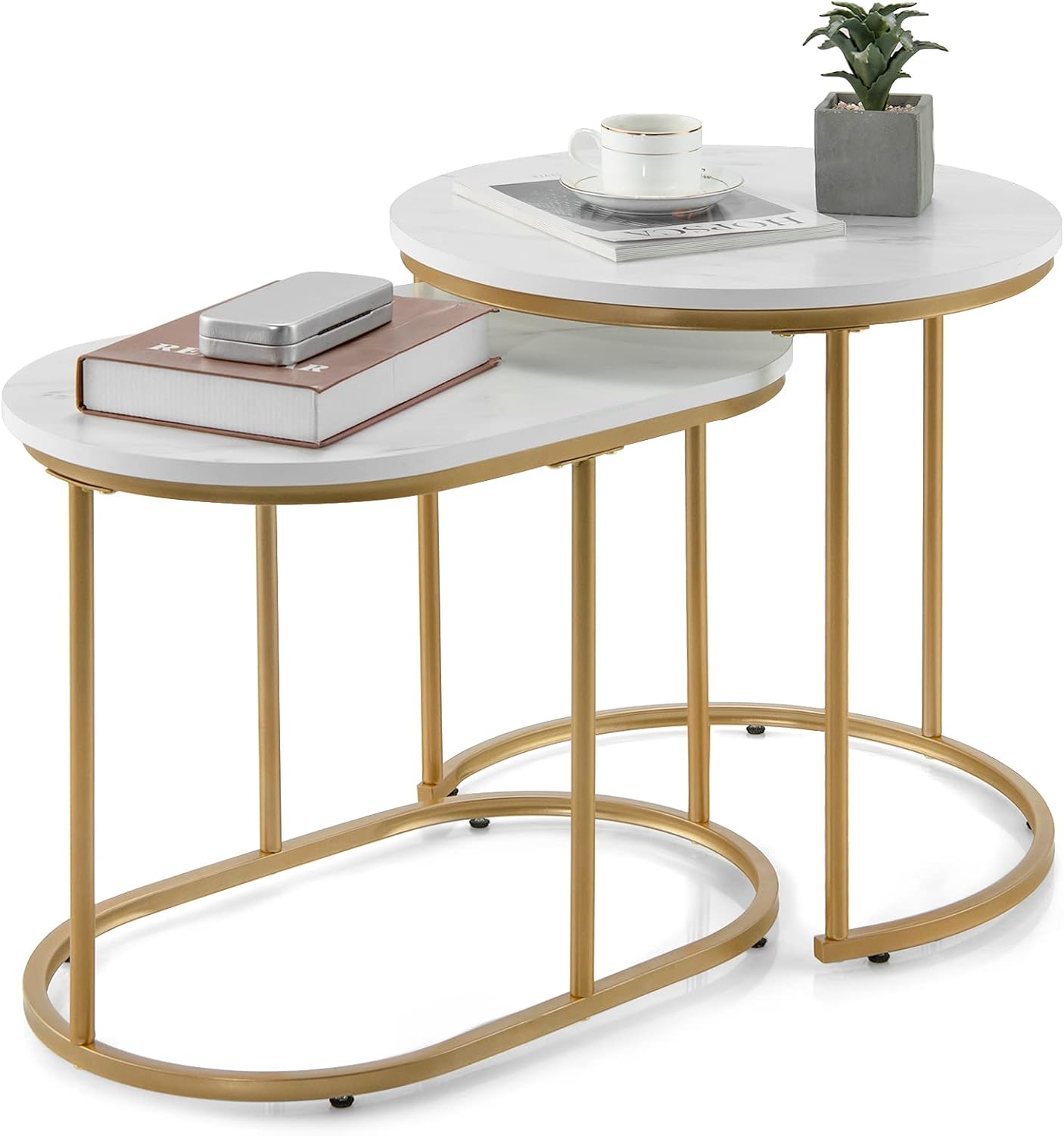 Giantex Modern Nesting Coffee Table Set of 2, Coffee Table & End Table Sets, Golden Steel Frame, Easy Assembly, Accent Marble-Look Stacking Side Table for Living Room Bedroom Apartment (Gold)