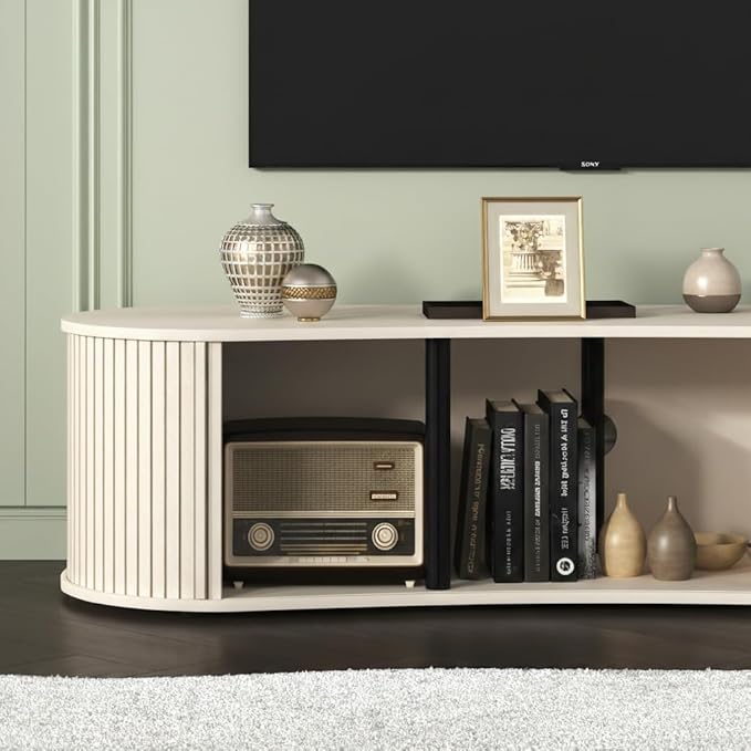 Fluted TV Stand with Storage Cabinet, 59″ Media Console with Sliding Tambour Door, Mid Century Modern Entertainment Center for Living Room, Oval Light Wood TV Stand for Bedroom, Off White