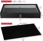 MOOCA 2 Pcs Wooden Jewelry Display Case, Pocket Knife Display Case with Tempered Glass Top Lid and Removable Black Luxurious MDF Velvet Jewelry Pad, Black Color