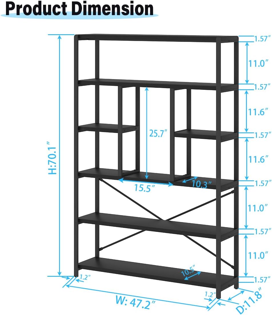 LVB 6 Tier Industrial Bookshelf for Bedroom Living Room Office, Black Oak