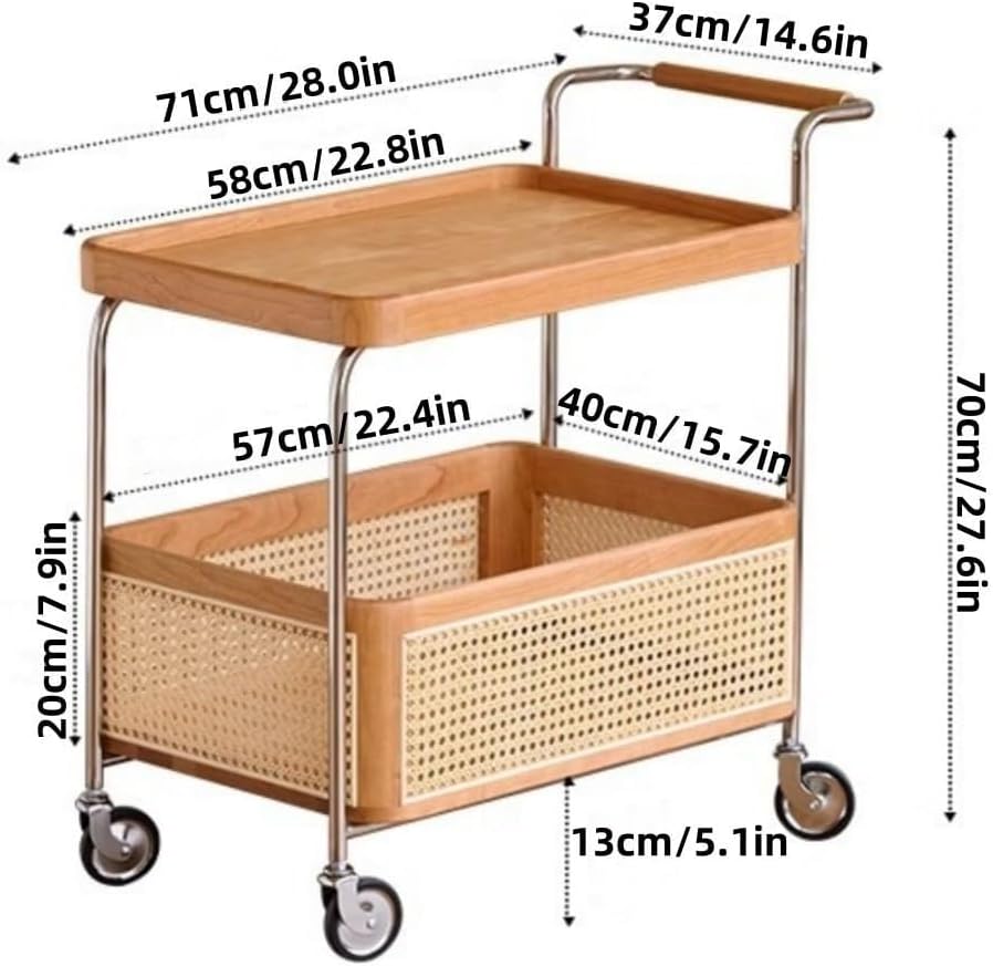 Wood Mobile Side Table with Wheels 2-Layer Storage Rolling Coffee Table End T...