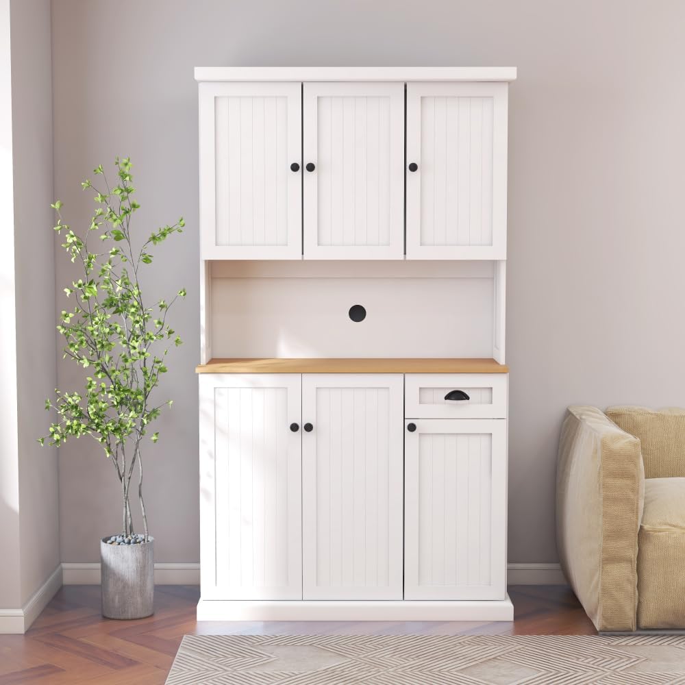 71" Kitchen Pantry Storage Cabinet with Microwave Oven Countertop, Adjus...
