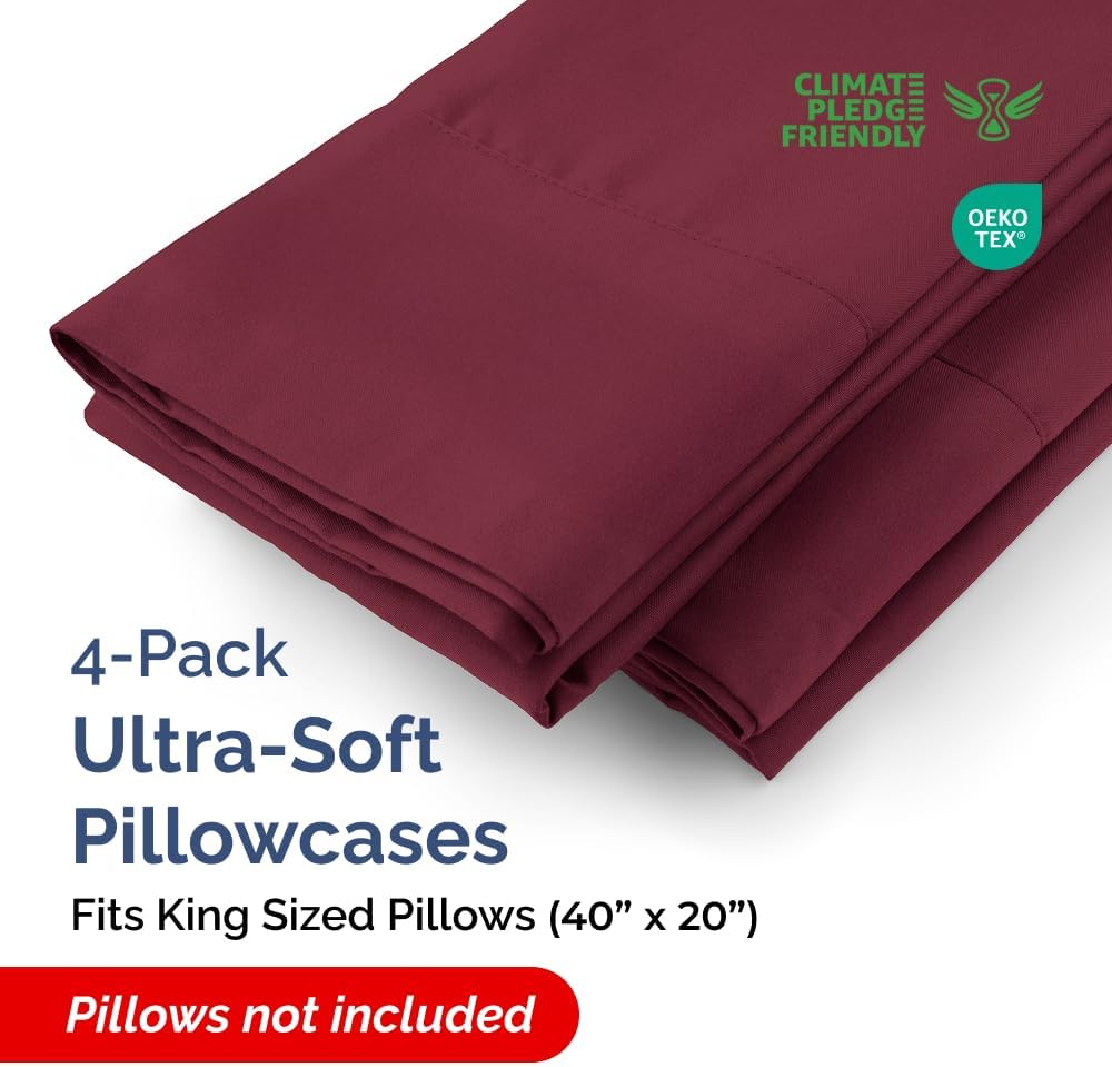 King Pillow Cases - 4 Pack - Super Soft Pillowcase Covers - Envelope Enclosure - Hotel Quality Pillow Protectors - Wrinkle Free, Shrink and Stain Resistant - Machine Washable - 20" x 40" (Burgundy)