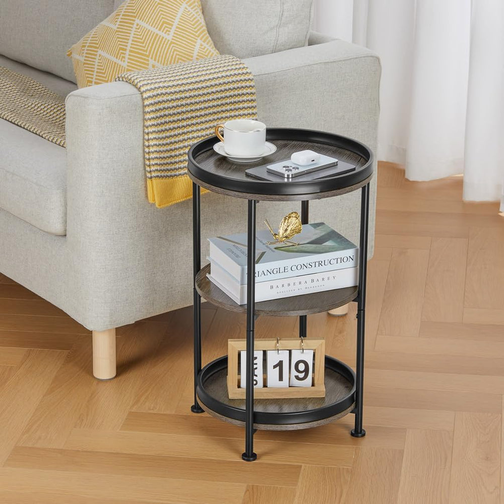 Dulcii Round Side Table with 3 Shelves for Living Room, Bedroom Nightstand wi...