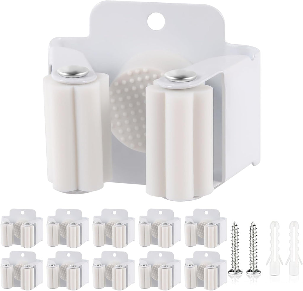 Verdenu 10 Pack Broom Holder Wall Mount, Mop and Broom Holder Wall Mount, Stainless Steel Command Mop Holder with Screws, Garden Tool Storage Organizer for Kitchen, Home, Bathroom, Garage, White