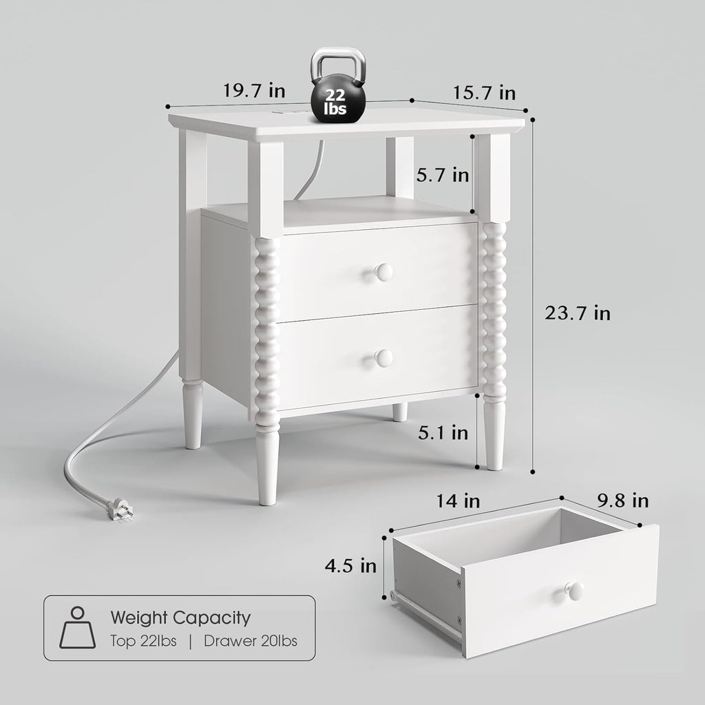 White Night Stand Set 2, Vintage Nightstand with Charging Station, Modern Bedside Table with 2 Drawers, End Table with Solid Wood Legs, Bed Side Tables for Bedroom, White