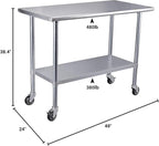 ROCKPOINT Stainless Steel Table for Prep & Work with Caster Wheels 24x48 Inches, NSF Metal Commercial Kitchen Heavy Duty Table with Adjustable Under Shelf and Table Foot for Restaurant, Home and Hotel