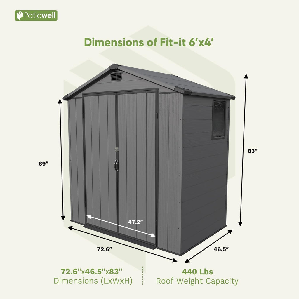 Patiowell 6X4 FT Plastic Outdoor Storage Shed with Floor, Resin Outside Tool Sheds with Window and Lockable Door for Backyard, Garden, Tool Storage Usage, Easy to Install, Dark Grey