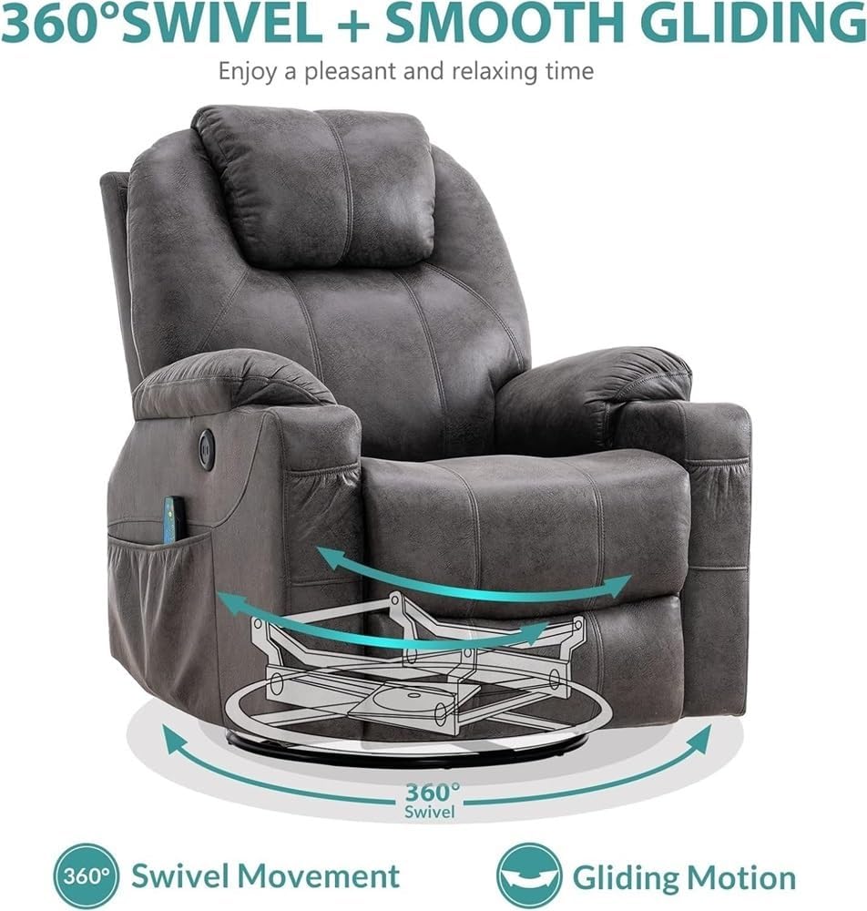 Modern Swivel Rocker Recliner Chair with Massage and Heat Manual Glider Lounge Recliner with Cup Holder and Vibration for Living Room Bedroom