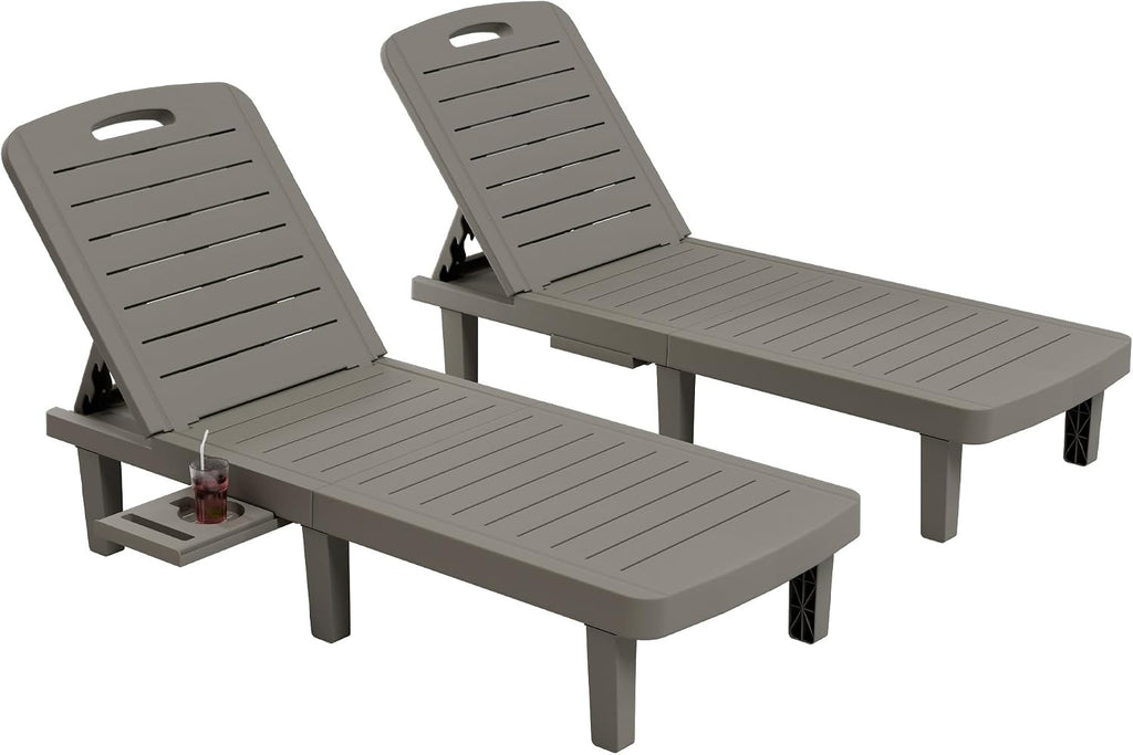 UDPATIO Outdoor Lounge Chair Pool Waterproof Chaise Chairs Reclining | Resin 5-Position Adjustable with Cup Holder Patio Recliner Furniture Weather Resistance for Beach Garden Indoor Resin L Grey