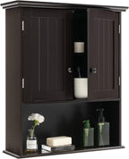 Tangkula Wall Mount Bathroom Cabinet Wooden Medicine Cabinet Storage Organizer with 2-Doors and 1-Shelf Cottage Collection Wall Cabinet (Espresso)