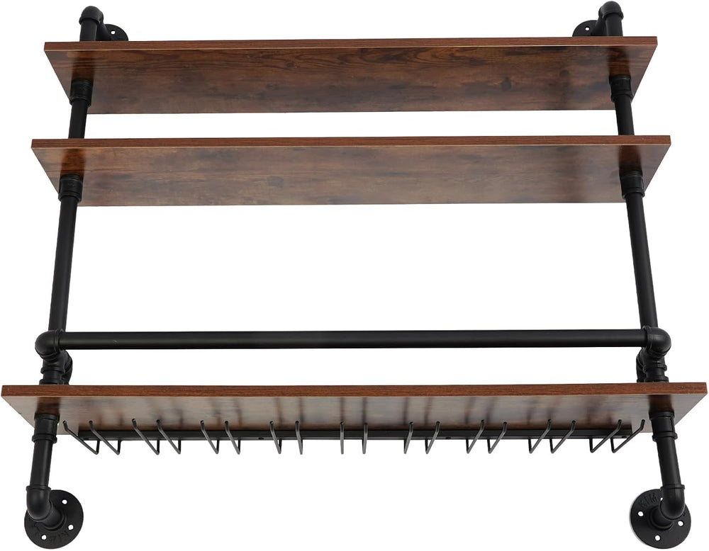 36in Rustic Metal Floating Bar Shelves Wall Mounted, 3-Tier Industrial Pipe S...