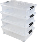 25 L Plastic Sturdy Rolling Under Bed Storage Container Bins, Clear Underbed Storage with Latching Lid and Wheels, 4 Packs