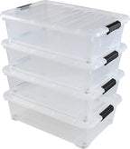 25 L Plastic Sturdy Rolling Under Bed Storage Container Bins, Clear Underbed Storage with Latching Lid and Wheels, 4 Packs