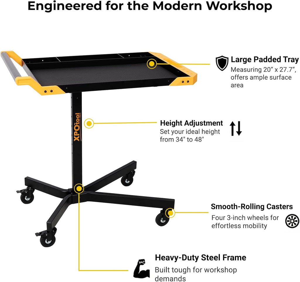 Adjustable Height Mobile Work Table, Rolling Tool Cart – Heavy-Duty Steel Service Stand for Mechanics, Garage, Workshop & DIY Projects – 34” to 48” Portable Workstation