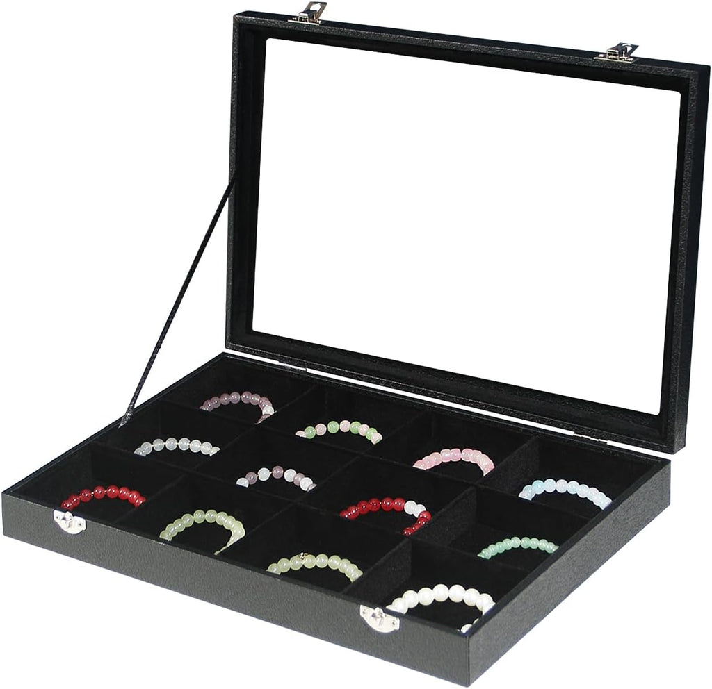 Coward Jewelry Organizer Box, Black Velvet 12 Grids Bracelet Bangle Necklace Jewelry Display Tray Case with Transparent Glass Lid for Home Drawer Desk or Store Selling Show