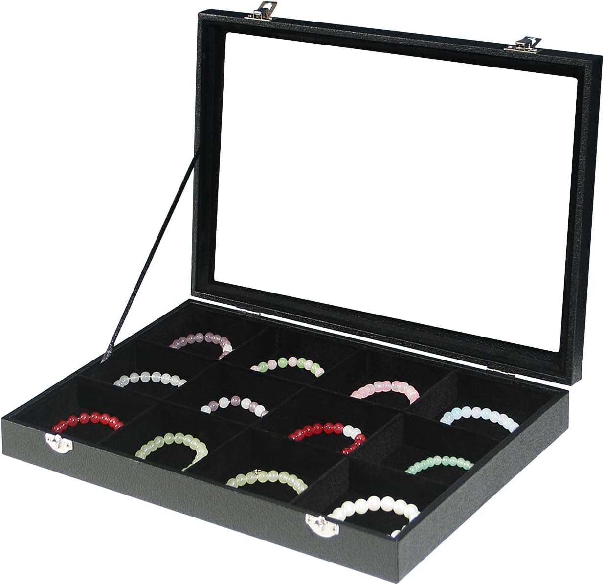 Coward Jewelry Organizer Box, Black Velvet 12 Grids Bracelet Bangle Necklace Jewelry Display Tray Case with Transparent Glass Lid for Home Drawer Desk or Store Selling Show