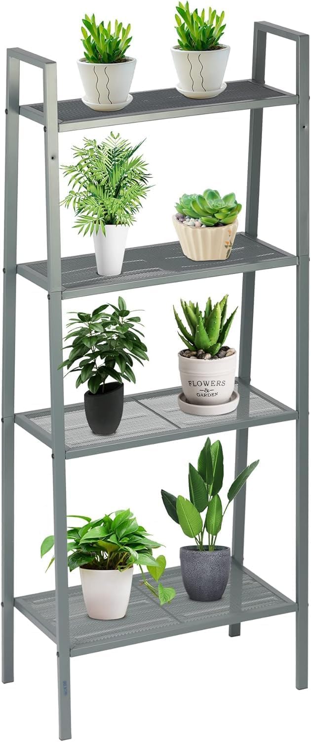 4-Tier Metal Ladder Shelf, Lightweight Bookcase Storage Rack with Open Shelves, Multi-Purpose Display Stand for Plants, Books, Photos and Decor, Gray