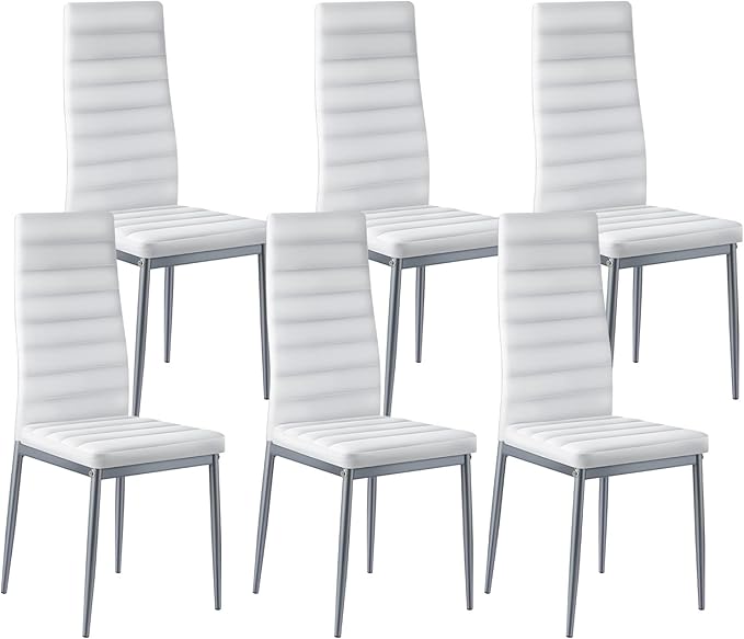 VEVOR Modern Dining Room Accent Chairs Set of 6, Upholstered Leather Side Chair for Living Room, Space-Saving Kitchen Chair with Thick Cushions and Metal Legs, White