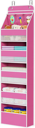 Univivi 6-Shelf Over Door Hanging Organizer Fabric Baby Door Storage with 5 Large Pockets and 3 Small PVC Pockets Wall Mount Hanging Storage Organizers for Baby Essential (Pink)