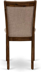 F7MZ5-50N-04 5-Pc Dining Table Set Includes a Pedestal Dinner Table and 4 Light Tan Polyester Fabric Parson Chairs with Padded Back- Antique Walnut