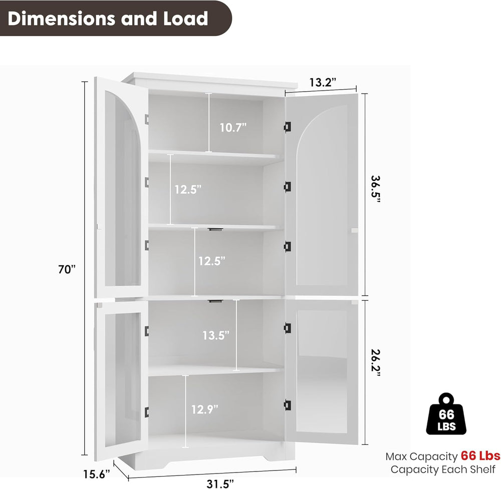 Garvee 70" Tall Kitchen Pantry Cabinet - Modern Display Cabinet with 4 A...