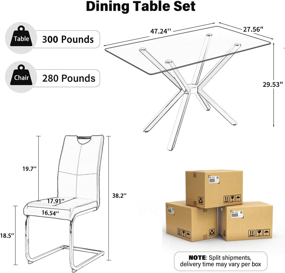 yeag Modern Rectangular Glass Dining Table Set for 4, 47" Clear Tempered...