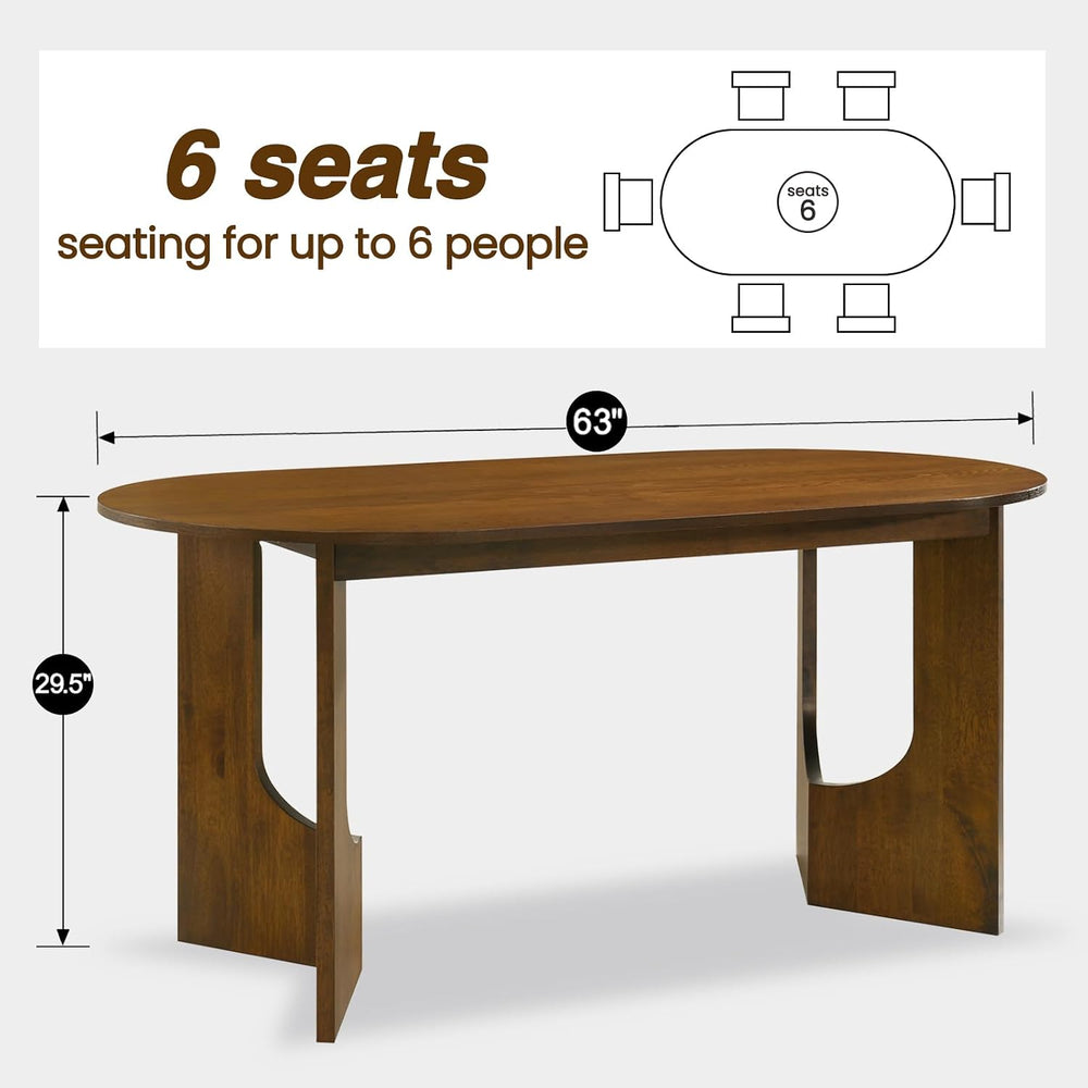 VESCASA 63" L Walnut Wood Oval Dining Table for 6, Solid Wood Kitchen Ta...