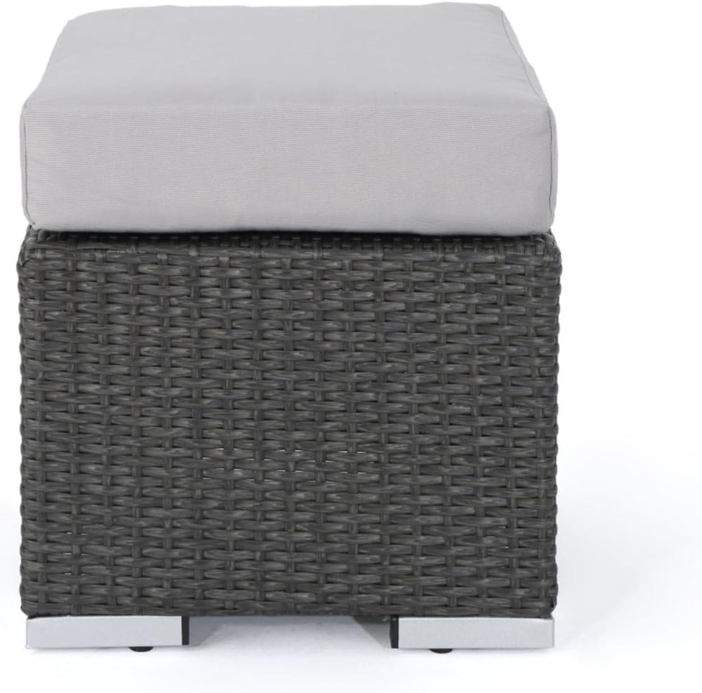 Hassyee PE Rattan Grey Patio Ottoman with Thick Cushions for Poolside, Lawn, ...