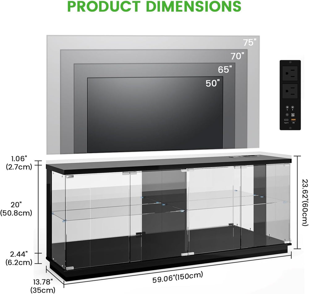 HNEBC 71" Glass TV Stands with Charging Station&Light for Living Roo...