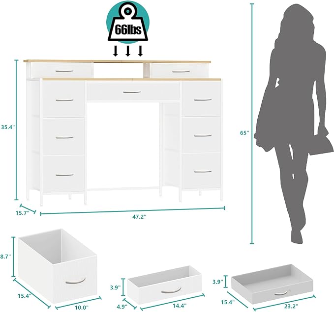 Dresser for Bedroom with 9 Drawers & 2 Open Shelves, Fabric Storage Dress...