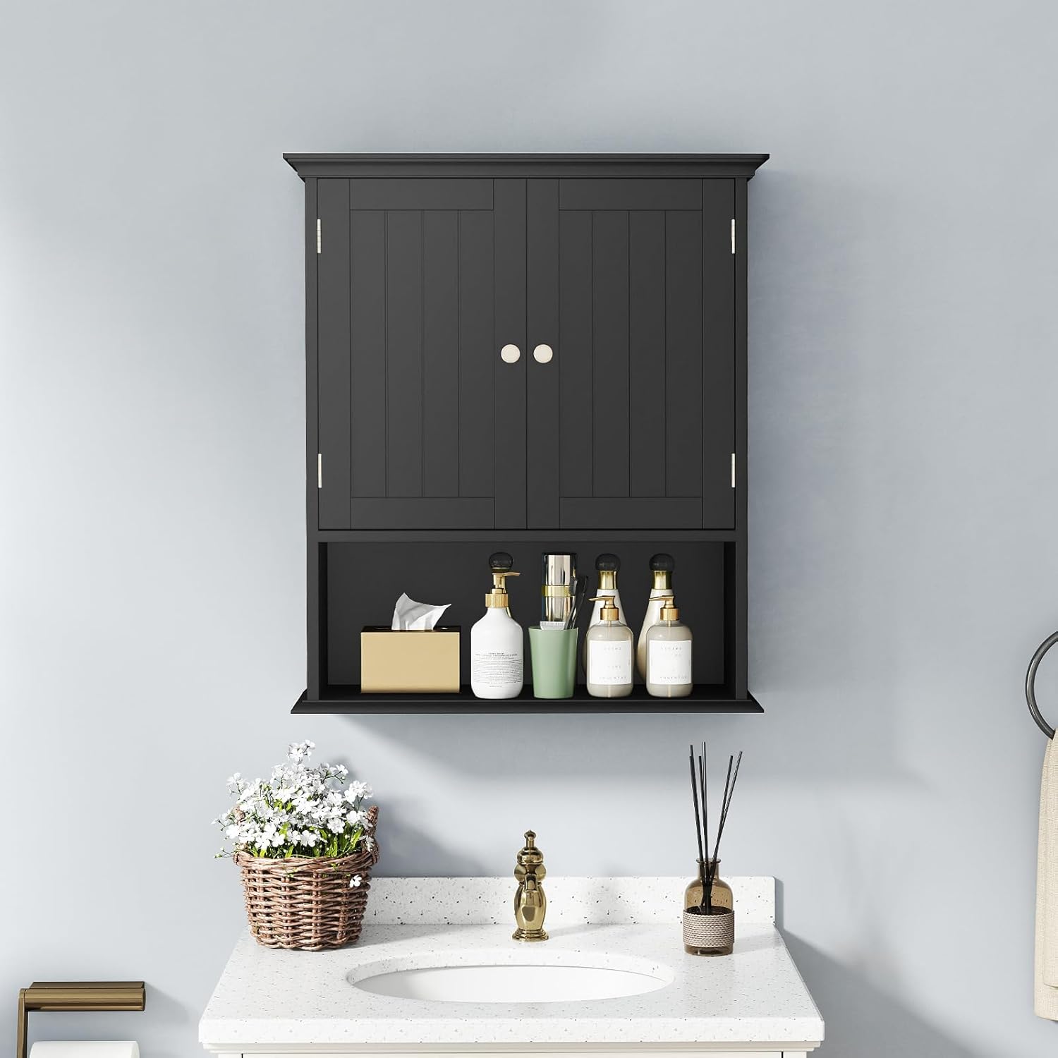 Tangkula Bathroom Wall Cabinet, Wooden Hanging Storage Cabinet with Doors & Shelves, Multipurpose Storage Cabinet for Restroom Kitchen Living Room, Wall Mounted Bathroom Medicine Cabinet (Black)