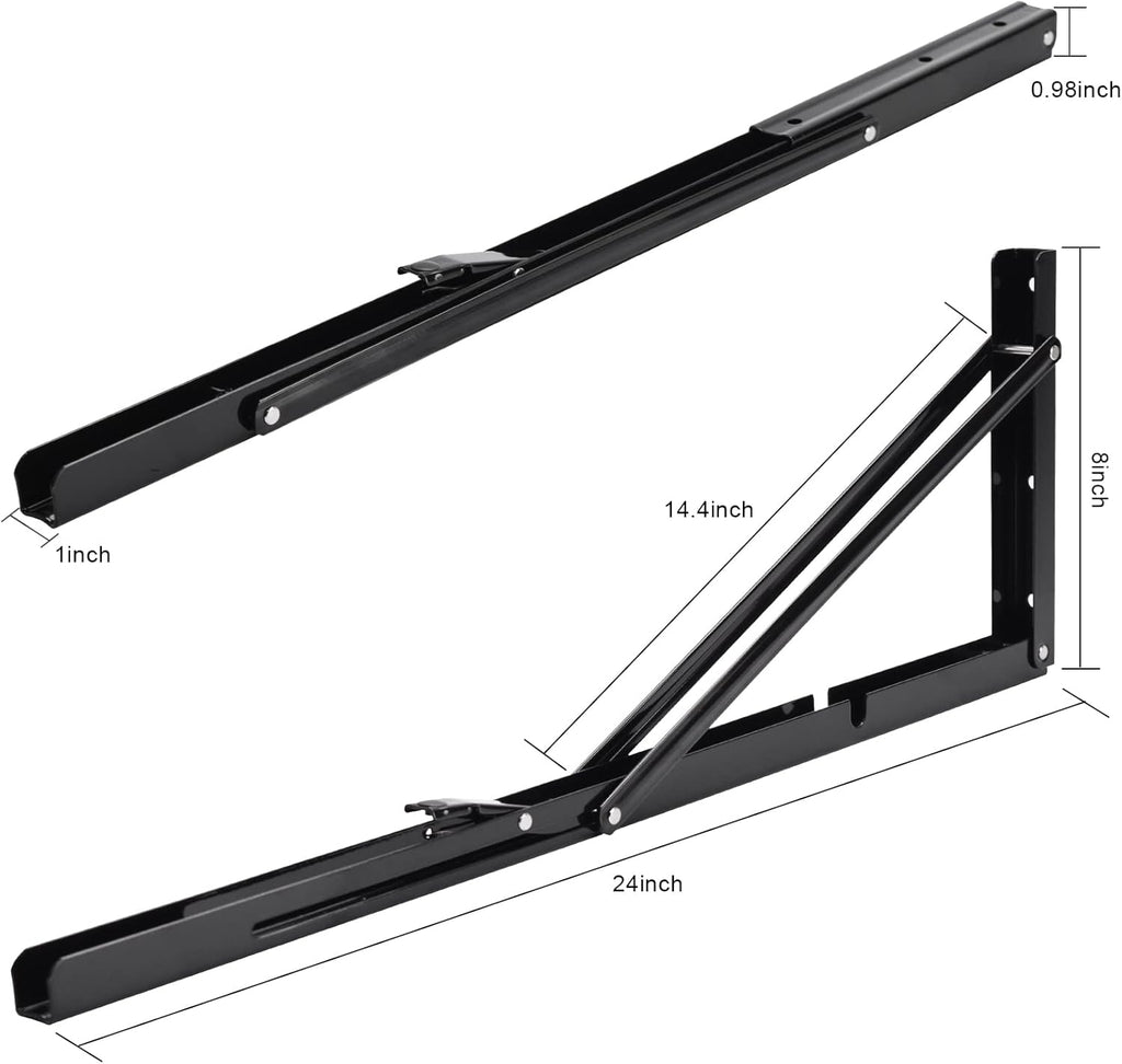 YUMORE Folding Shelf Brackets, 24 Inch Heavy Duty L Bracket, Black DIY Collapsible Shelf Bracket for Workbench Folding Table Hinge, Max Load: 330lb, Pack of 2
