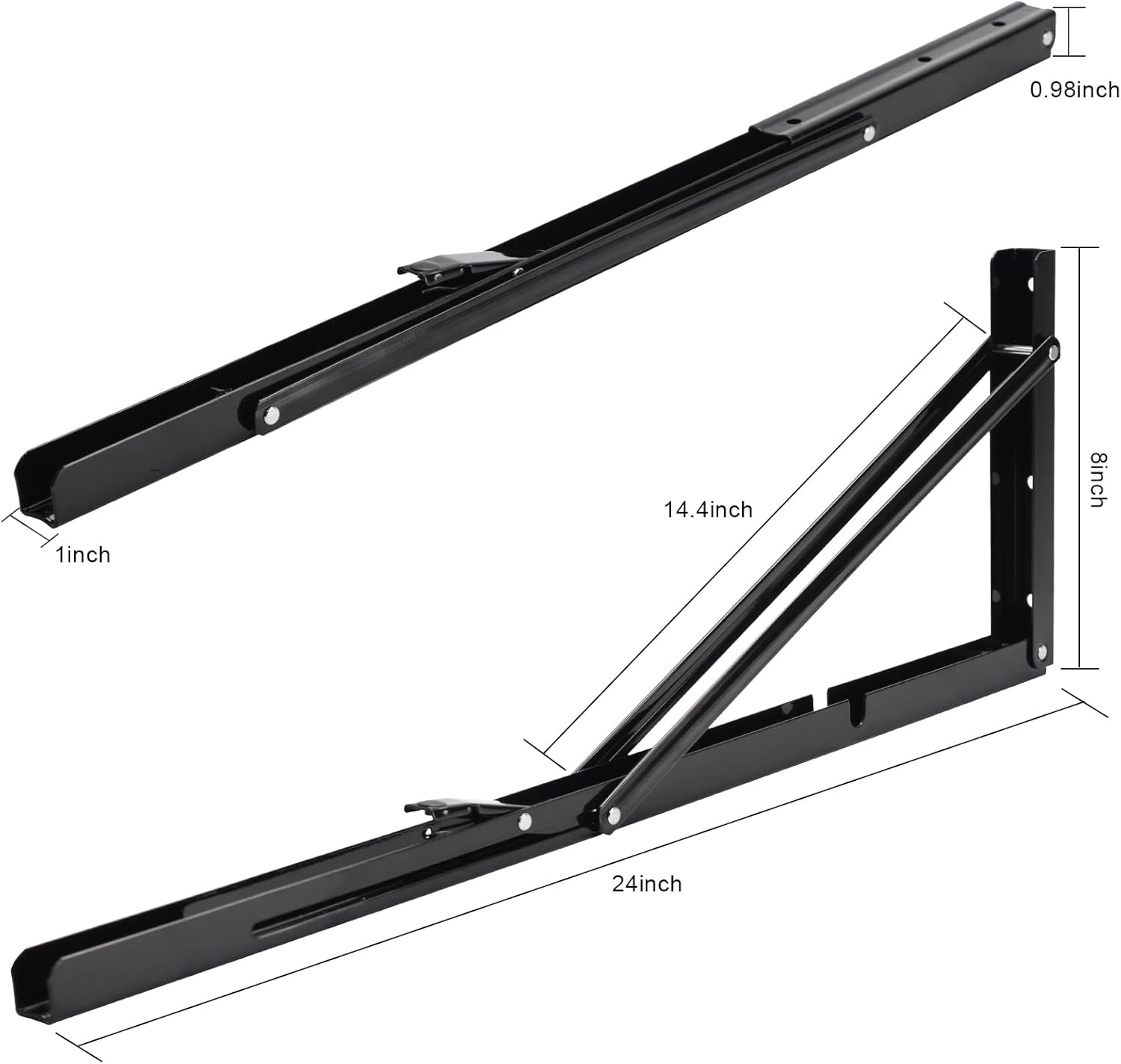 YUMORE Folding Shelf Brackets, 24 Inch Heavy Duty L Bracket, Black DIY Collapsible Shelf Bracket for Workbench Folding Table Hinge, Max Load: 330lb, Pack of 2
