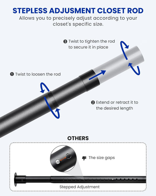 2 PACK Closet Rods for Hanging Clothes, 17 to 84 Inches Stepless Adjustable Metal Closet Rod, 1.3 Inches Heavy Duty Clothes Hanging Rod for Closet Wardrobes Laundry RV, Black