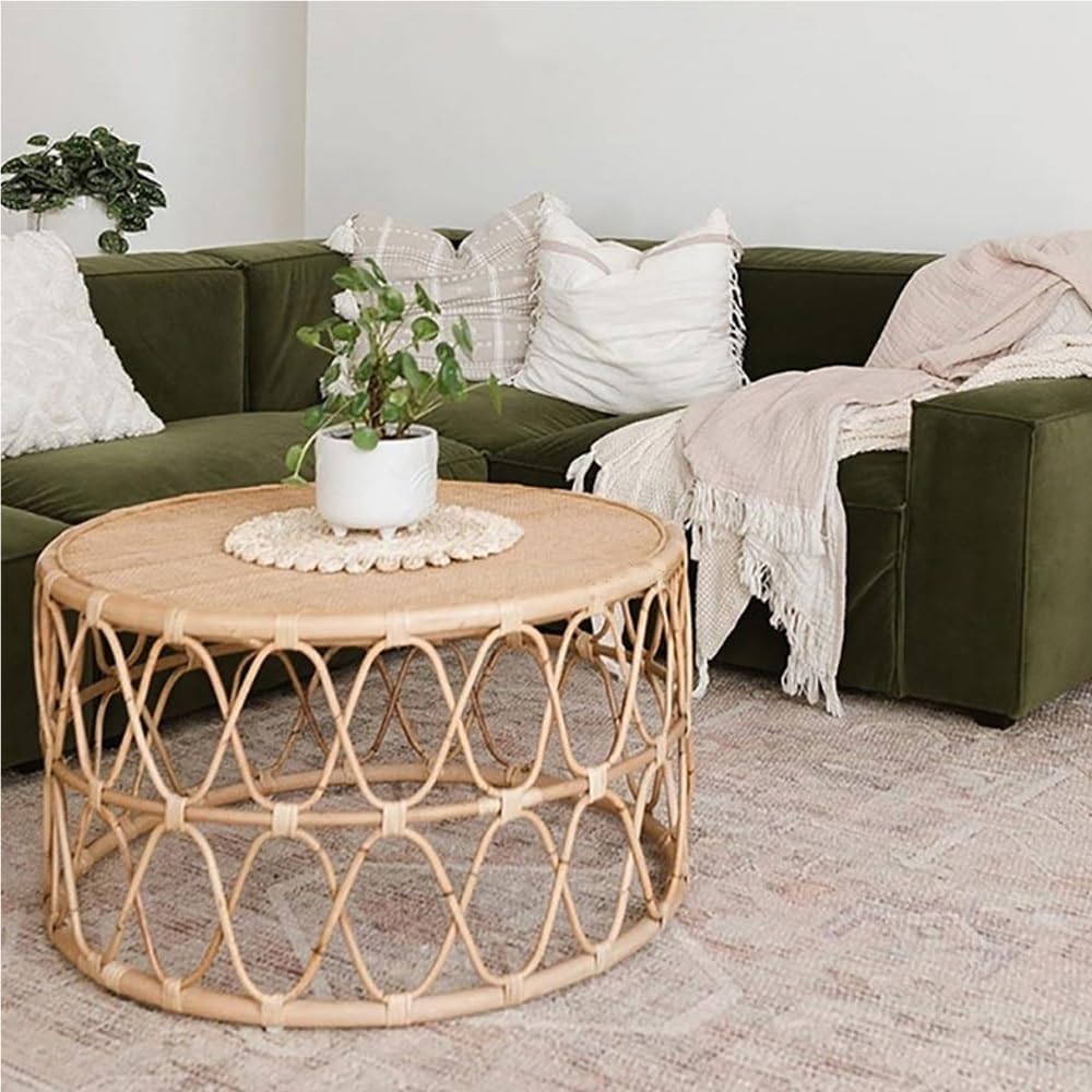 Natural Thick Rattan Coffee Table, Hand-Woven Living Room Furniture, Sturdy S...