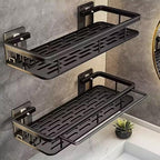 Shower Caddy Adhesive 2Pack with Hooks and Rod for Towels Black-Premium Bathroom Shower Shelves Shampoo Organizer Rack Storage Bathtub Shelf Rustproof Easy Installation Sturdy Build Sleek Modern Look